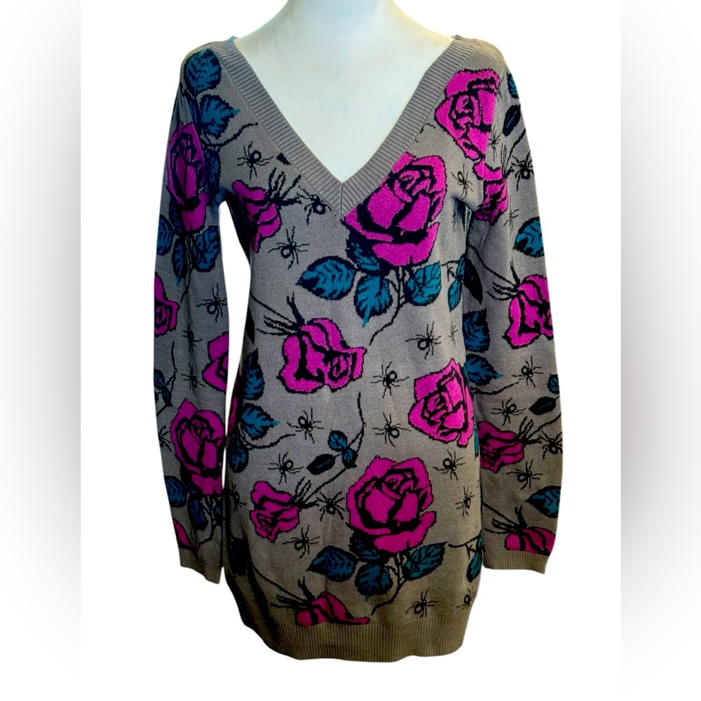 Betsey Johnson Spider Rose Intarsia Tunic Sweater Size M